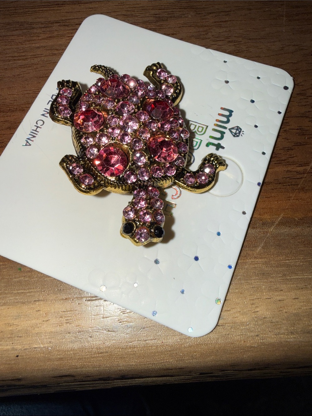 Pink Crystal Turtle Brooch Pin - Gold Tone